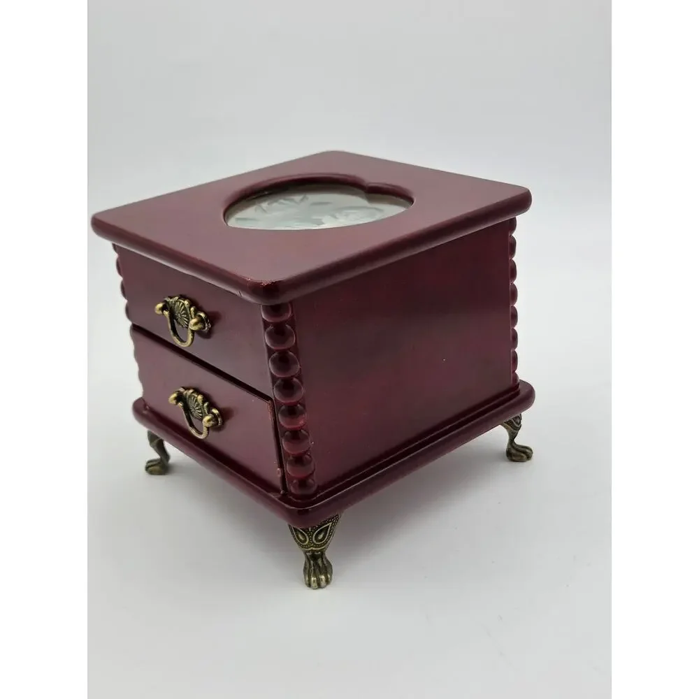Vintage 1990s Wooden Jewelry Box Etched Glass Rose Heart Chery Wood
